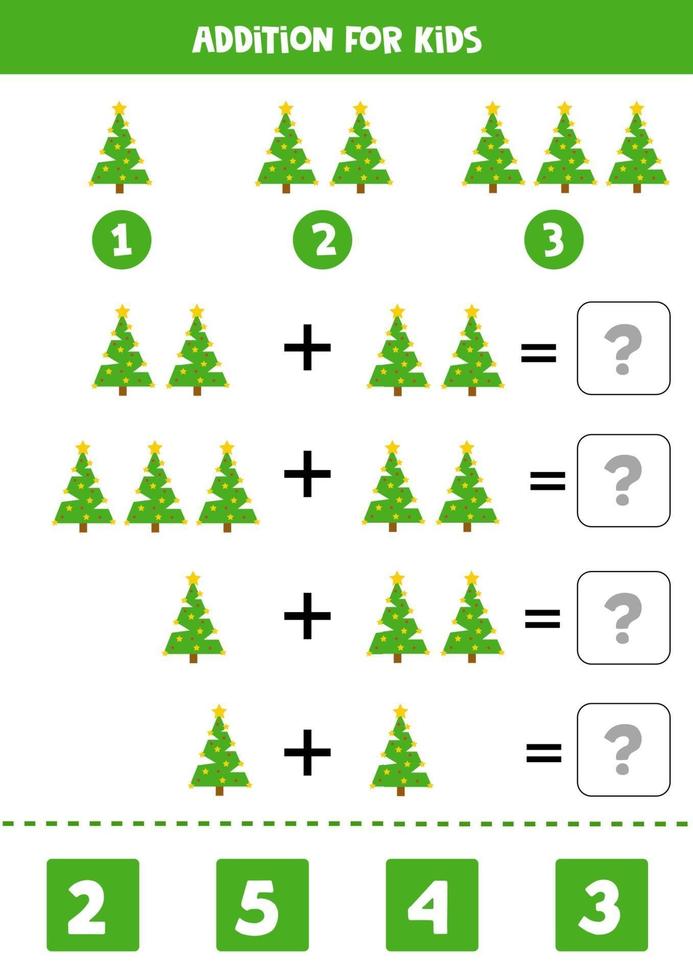 wiskundig spel voor kinderen. toevoeging met kerstboom. vector
