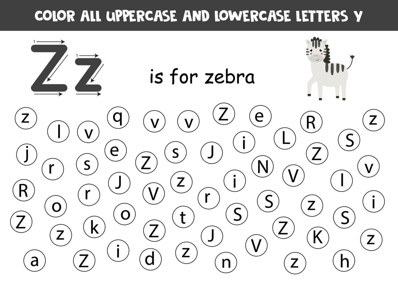 zoek en kleur alle letters z. alfabet spelletjes voor kinderen. vector