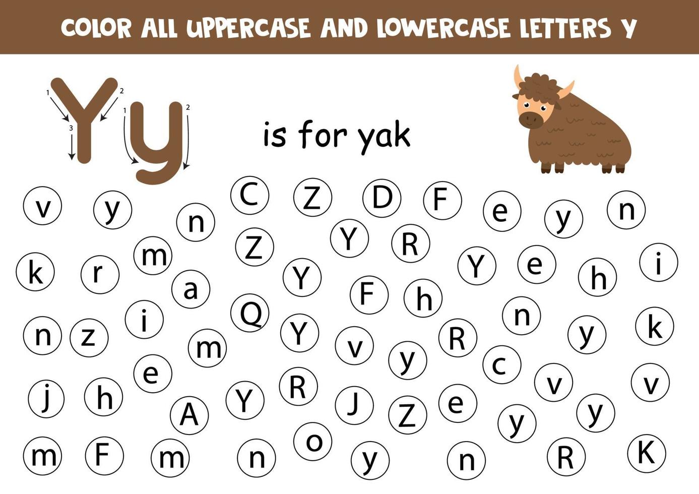 zoek en kleur alle letters y. alfabet spelletjes voor kinderen. vector