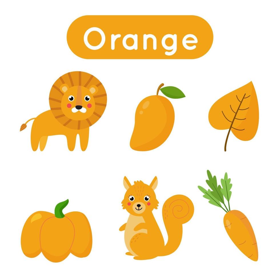 flitskaarten met objecten in oranje kleur. educatief afdrukbaar werkblad. vector