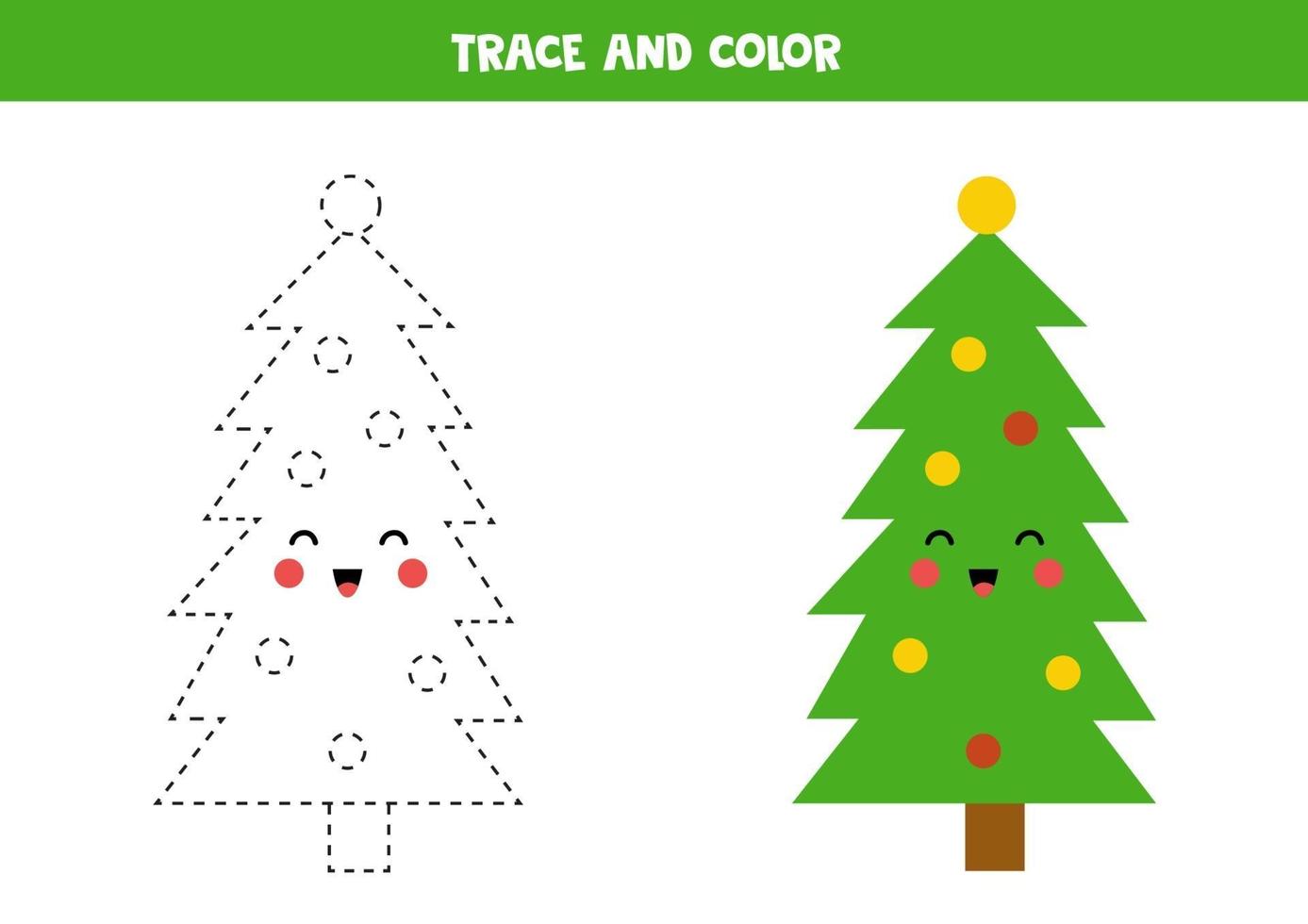 trace en kleur schattige kawaii kerstboom. vector