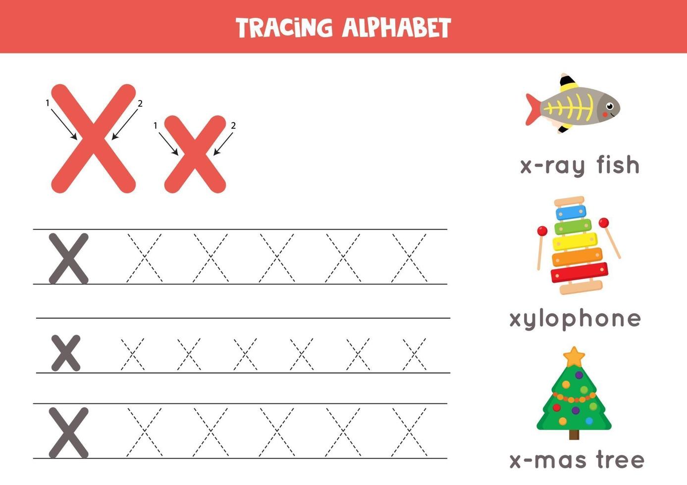 handschriftoefening met alfabetletter. tracering x. vector