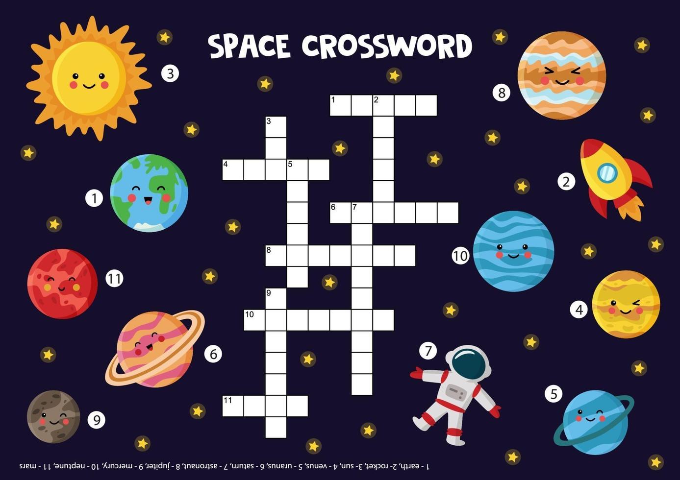 ruimte kruiswoordraadsel voor kinderen met planeten van het zonnestelsel, zon, raket. vector