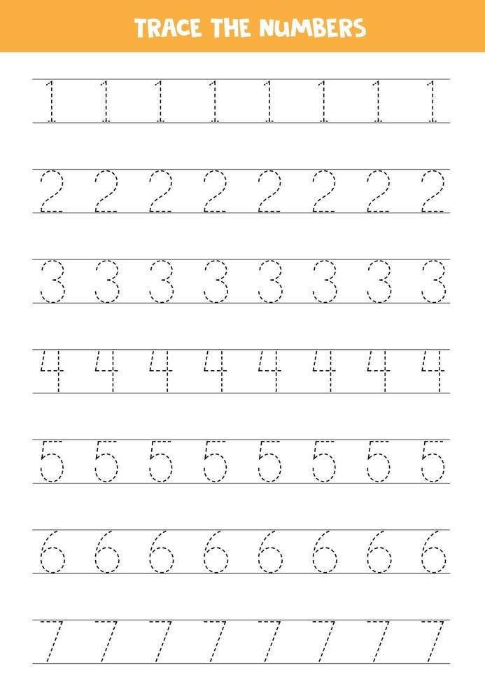 het traceren van nummers van één tot zeven. Schrijf oefening. vector