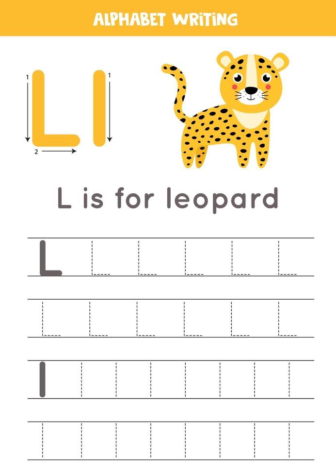 tracering alfabet letter l met schattige cartoon luipaard. vector