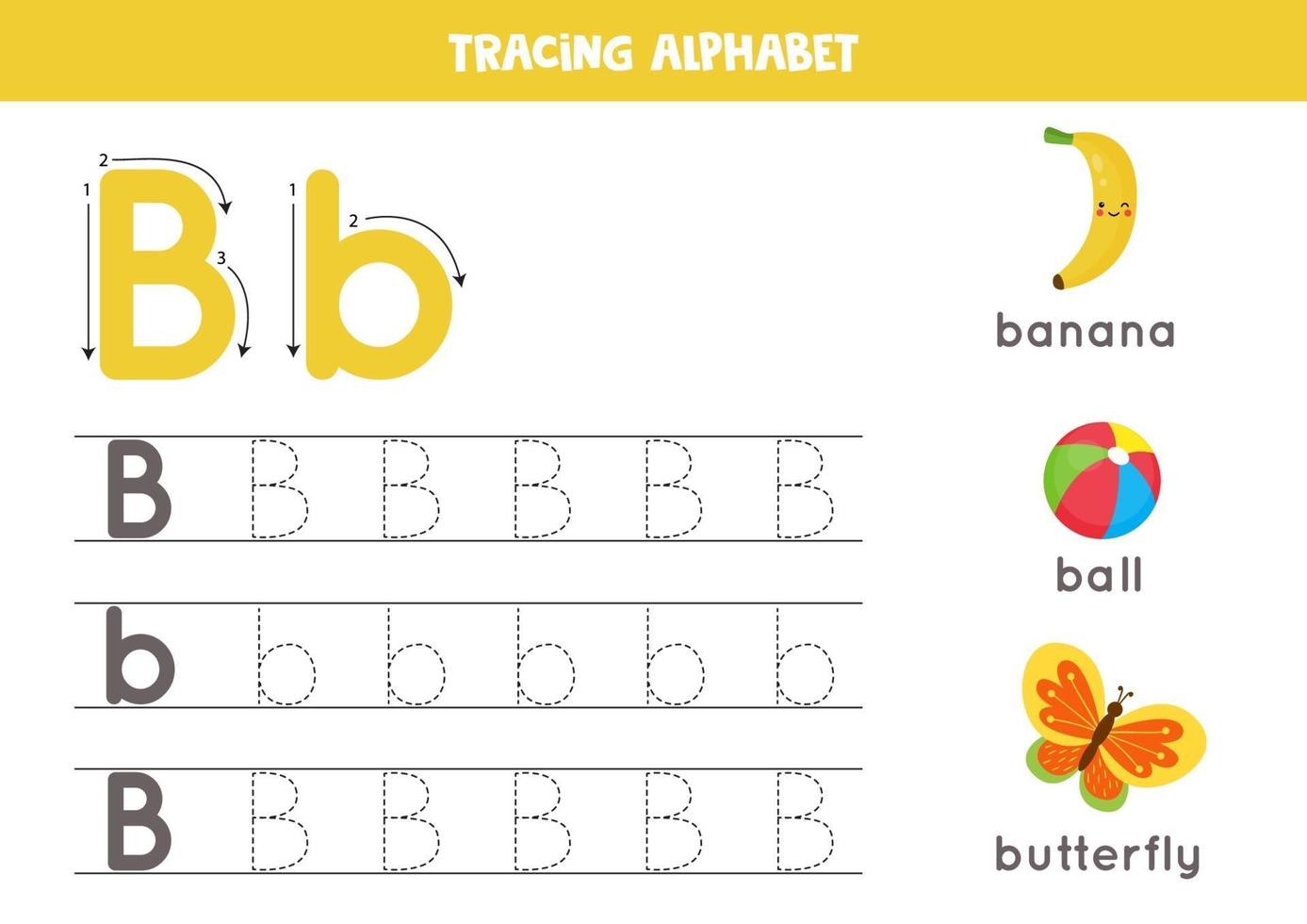 alfabet letter b traceren met schattige cartoonafbeeldingen. vector