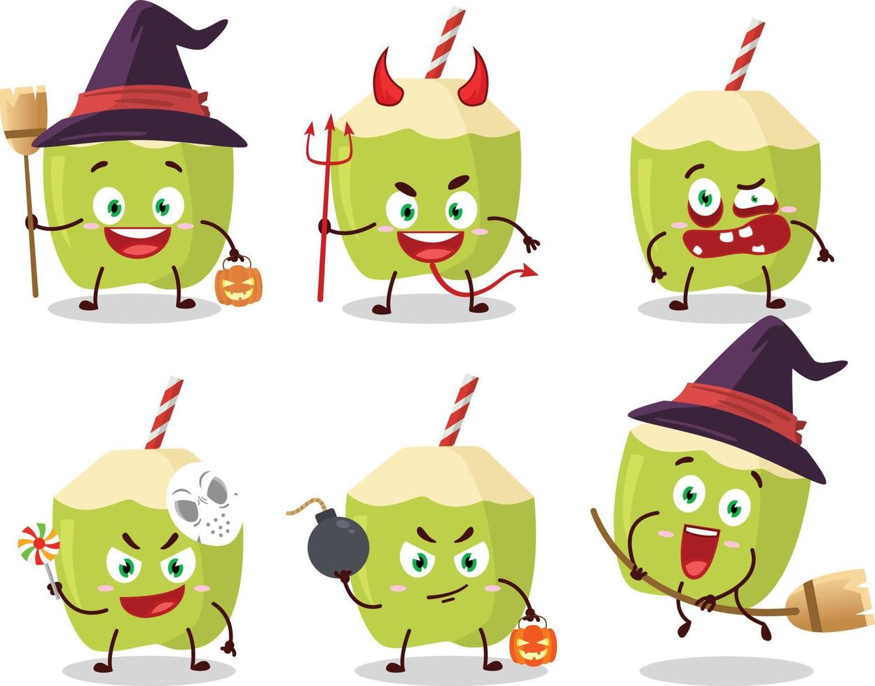 halloween uitdrukking emoticons met tekenfilm karakter van groen kokosnoot vector