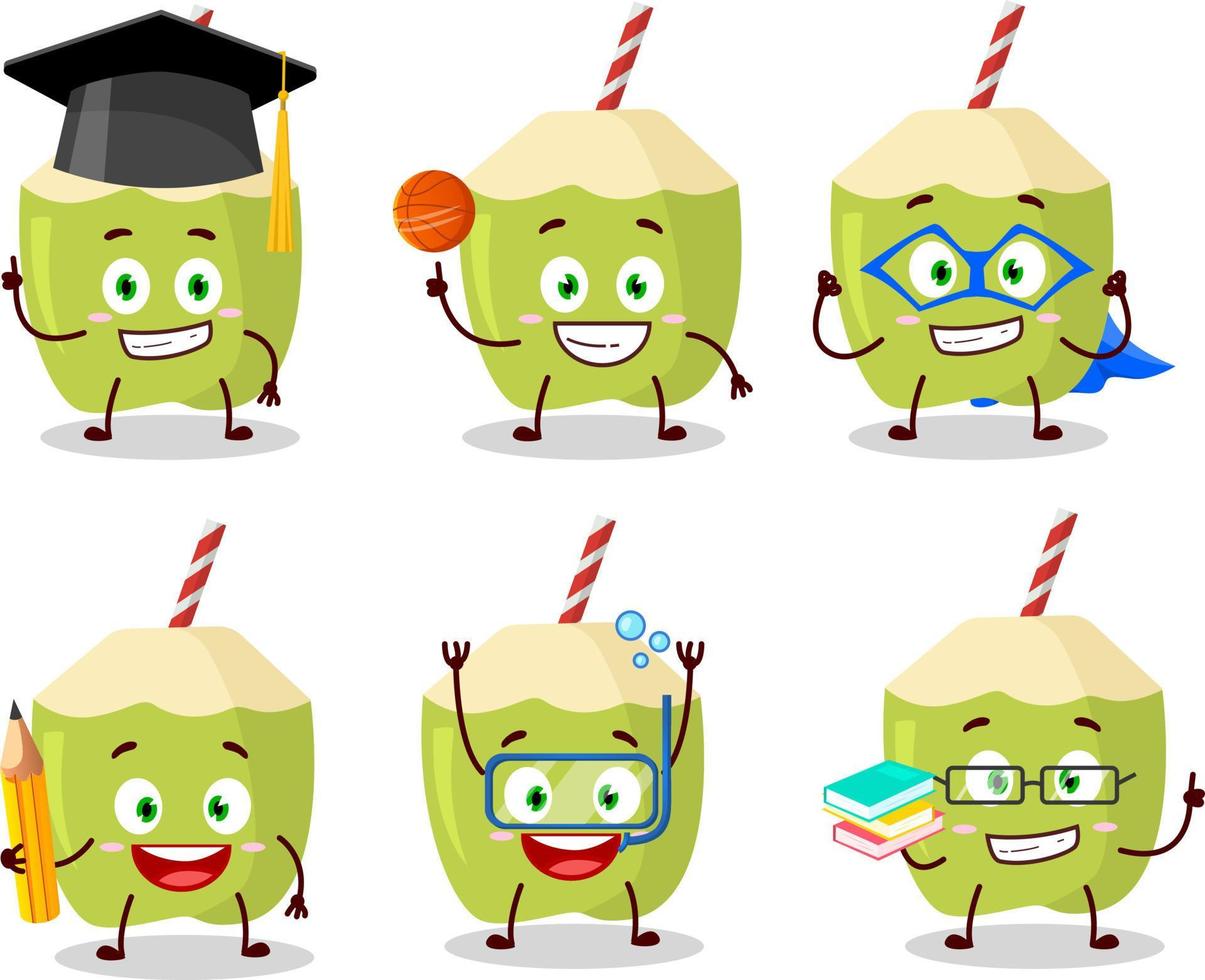 school- leerling van groen kokosnoot tekenfilm karakter met divers uitdrukkingen vector
