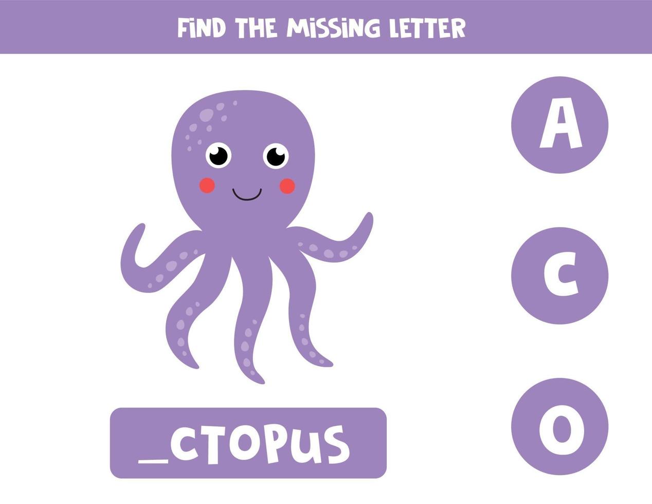 zoek de ontbrekende letter en schrijf deze op. schattige cartoon zee-octopus. vector