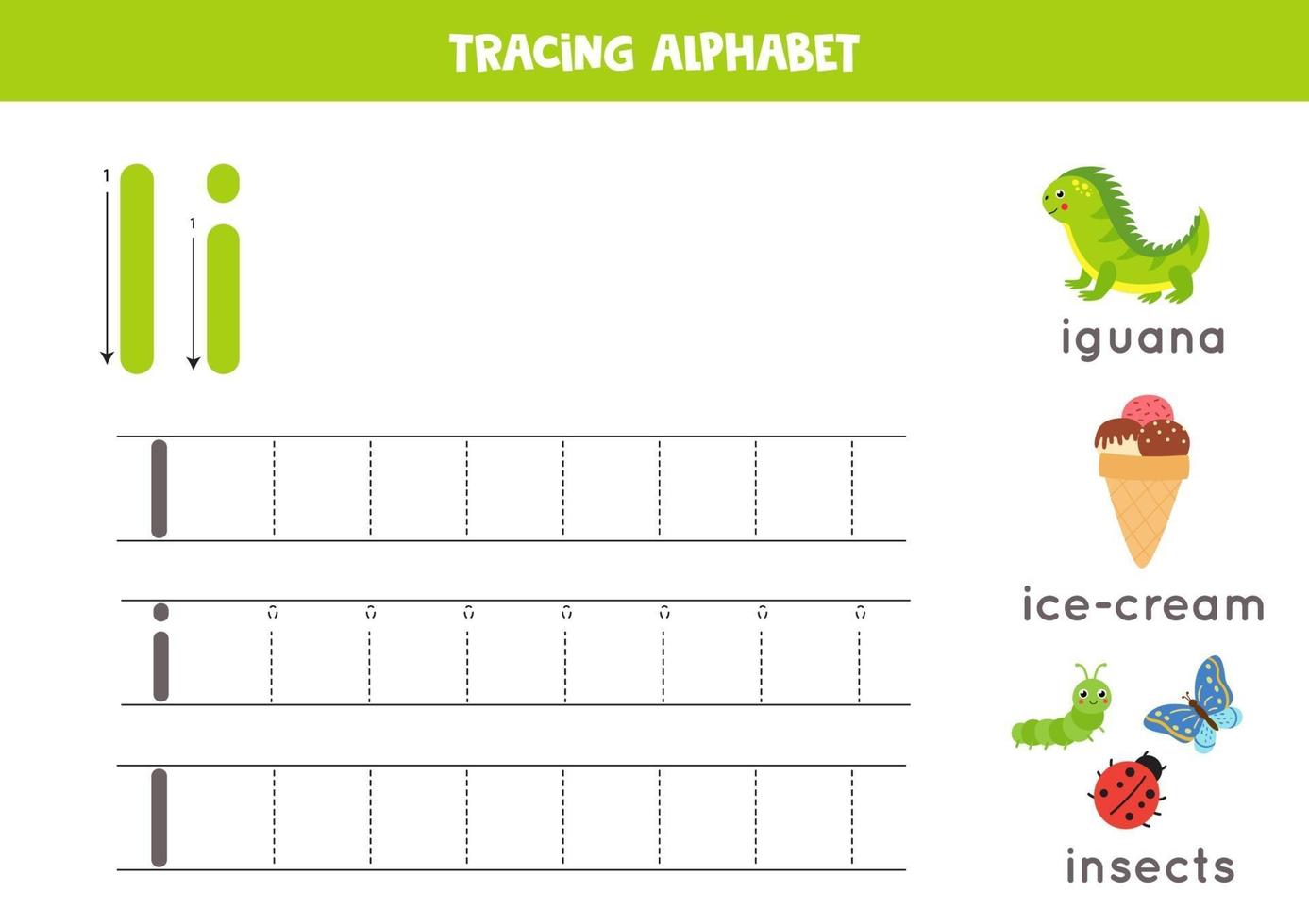 handschriftoefening met alfabetletter. traceren i. vector