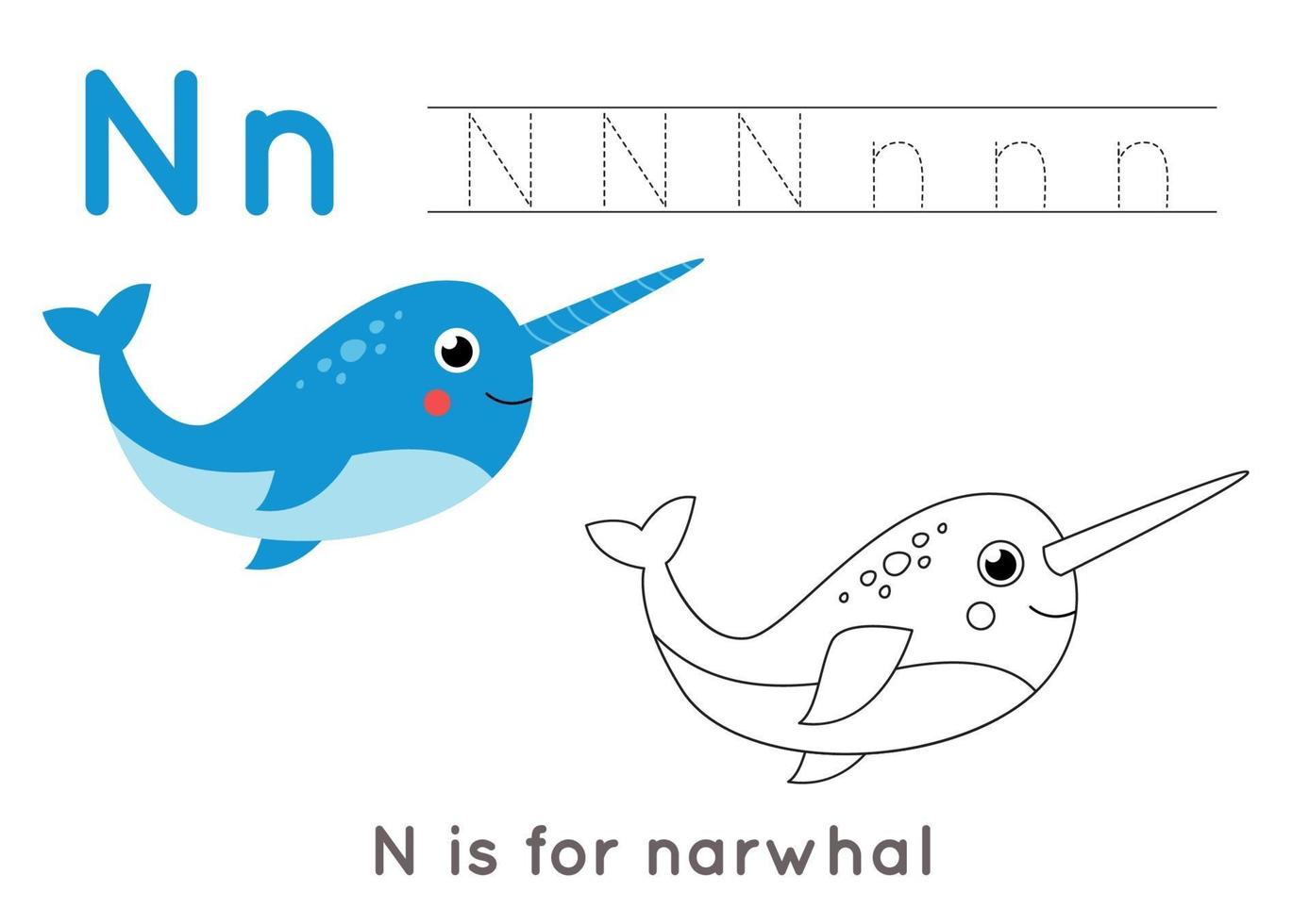 kleurplaat met letter n en schattige cartoon narwal. vector