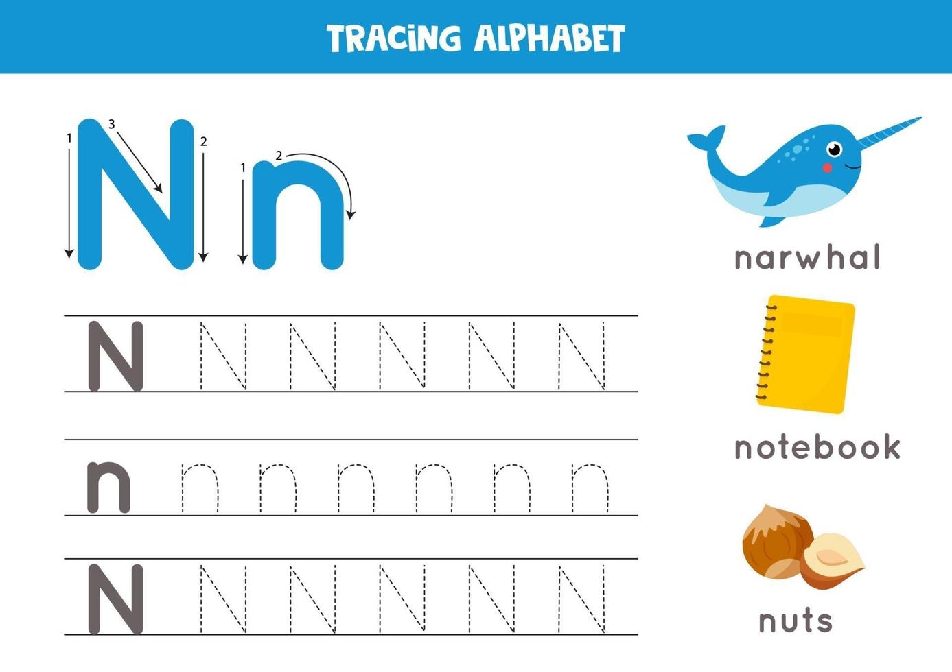n is voor narwal, notitieboekje, noten. tracing Engels alfabet werkblad. vector