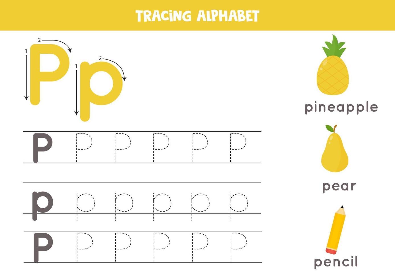 alfabet letter p traceren met schattige cartoonafbeeldingen. vector