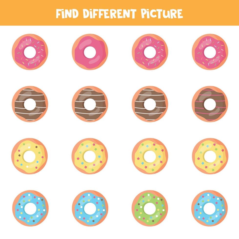 vind een ander beeld van de doughnut. educatief logisch spel voor kinderen. vector