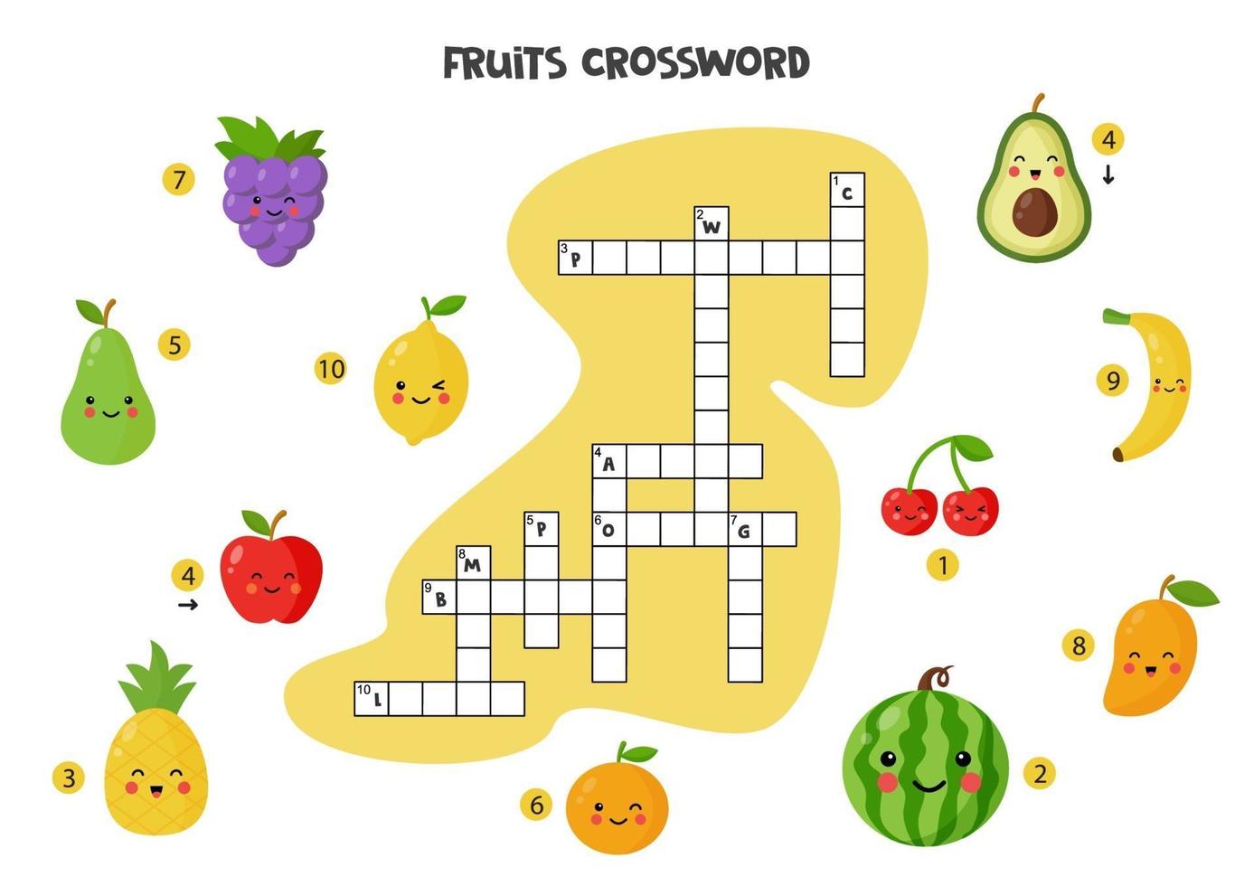 kruiswoordpuzzel voor kinderen met schattig fruit. vector