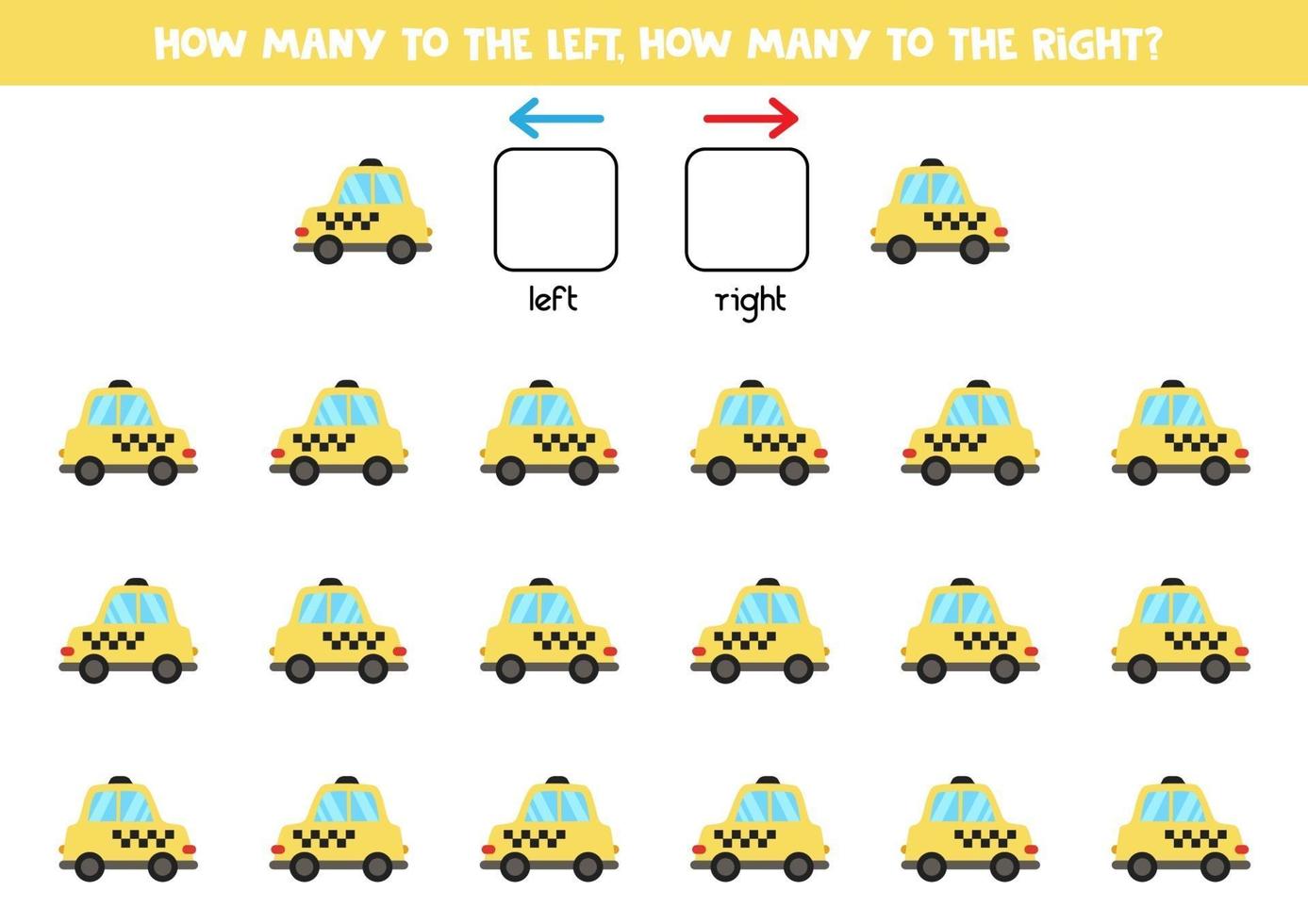 links of rechts met taxiauto. logisch werkblad voor kleuters. vector