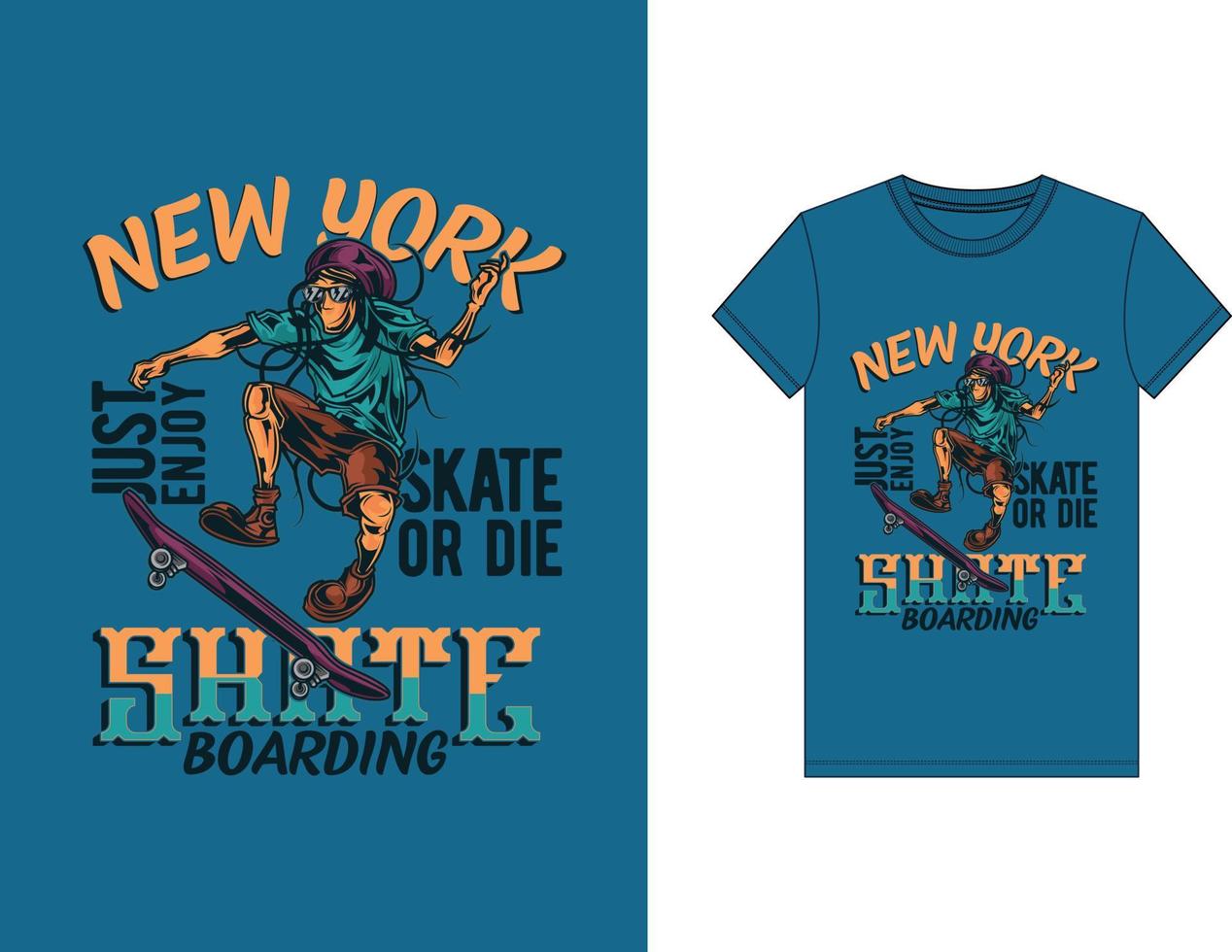 t-shirt ontwerp monsters met illustratie van een meisje Aan een skateboard. vector