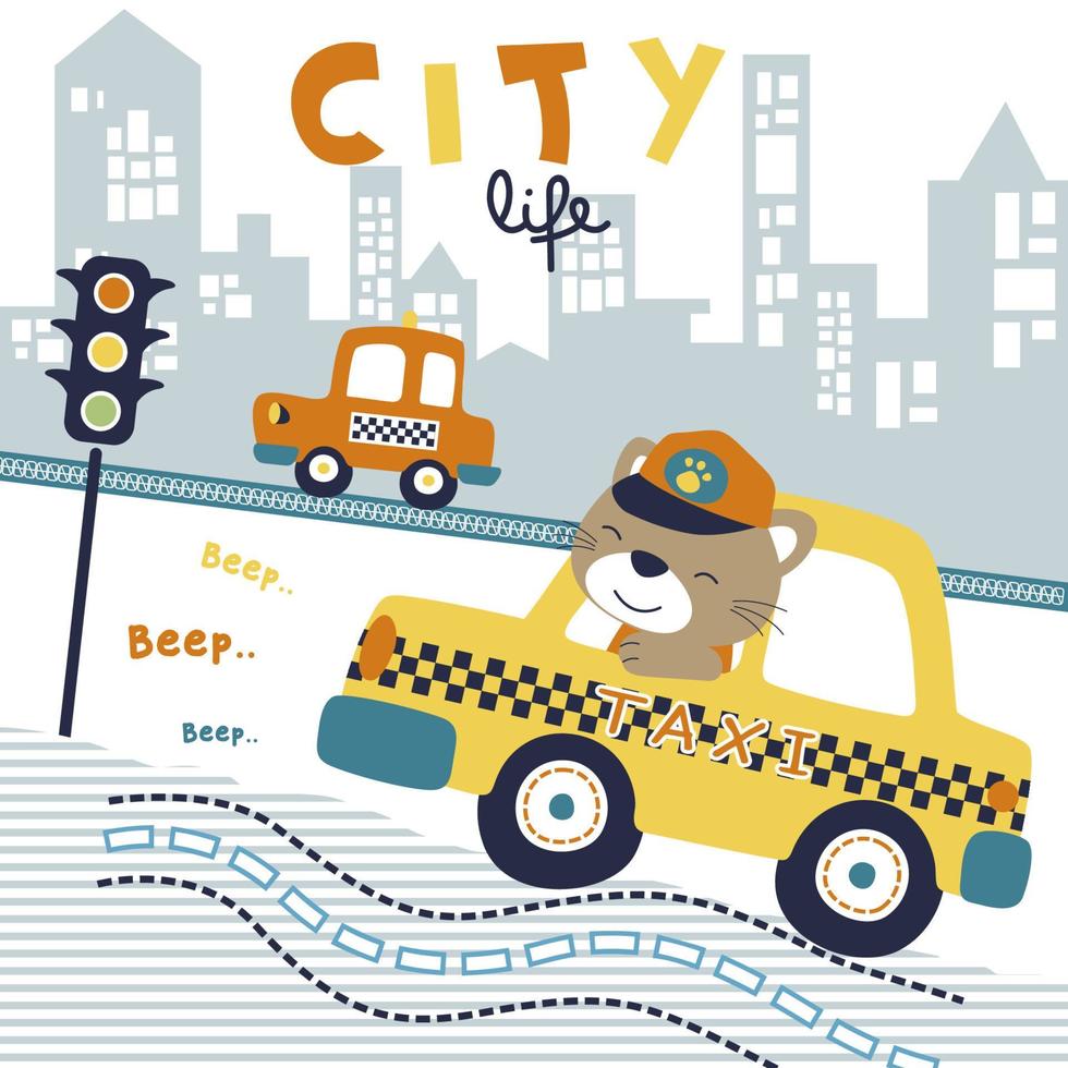 schattig katje het rijden taxi Aan gebouw achtergrond, vector tekenfilm illustratie