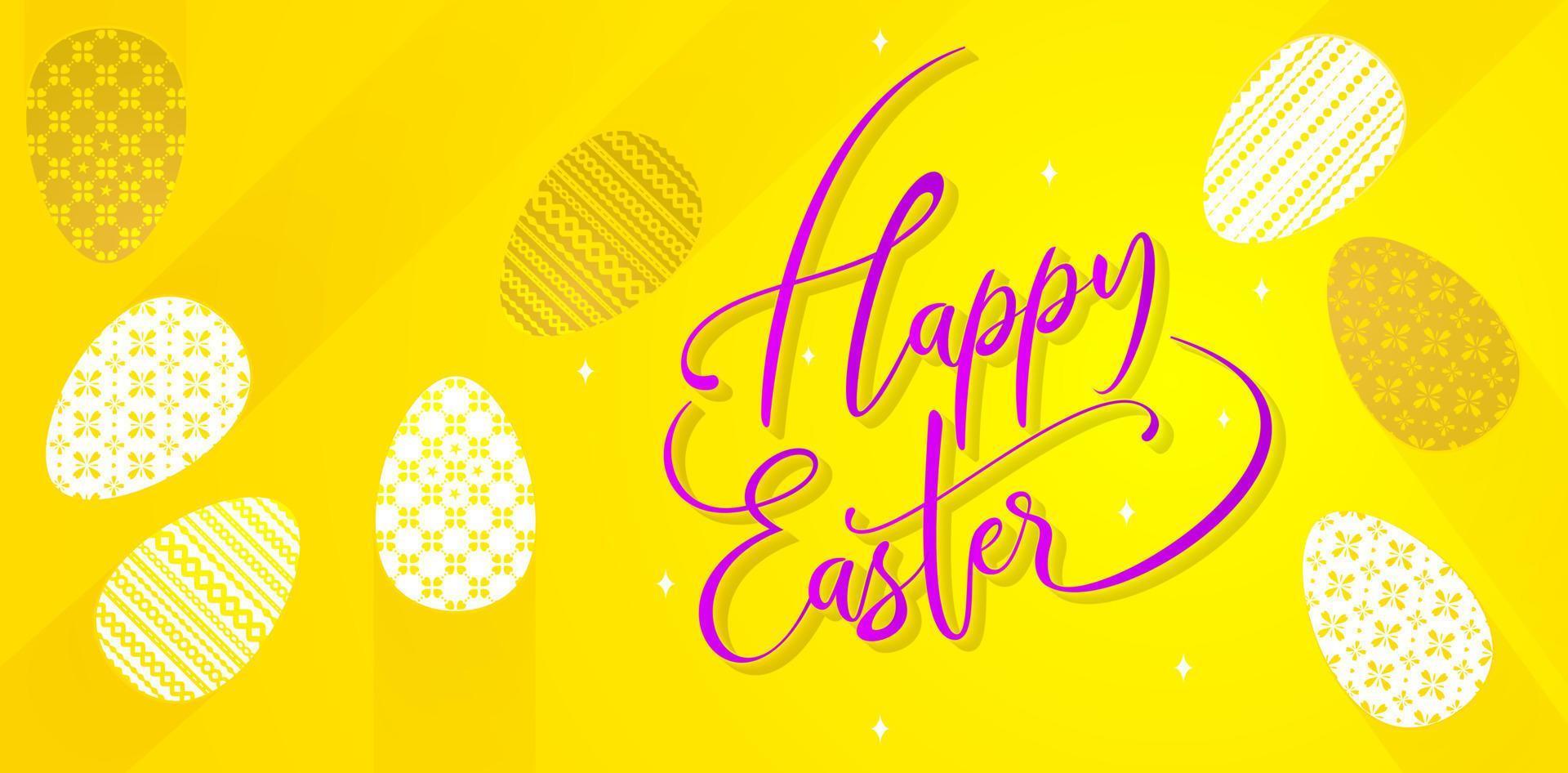 gelukkig Pasen wit eieren, Pasen ei met geel achtergronden. gelukkig Pasen belettering fonts van toepassing voor groet kaarten, en banier sociaal media vector