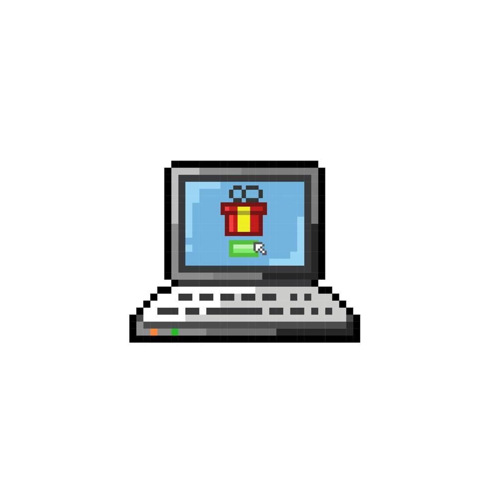 laptop met geschenk scherm in pixel kunst stijl vector