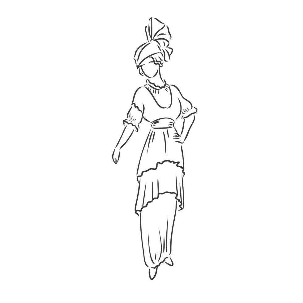 antiek geklede dame. oude mode vectorillustratie. Victoriaanse vrouw in historische kleding. vintage gestileerde tekening, retro houtsnede stijl. retro jurk, vector schets op witte achtergrond