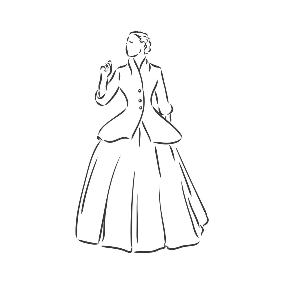 antiek geklede dame. oude mode vectorillustratie. Victoriaanse vrouw in historische kleding. vintage gestileerde tekening, retro houtsnede stijl. retro jurk, vector schets op witte achtergrond