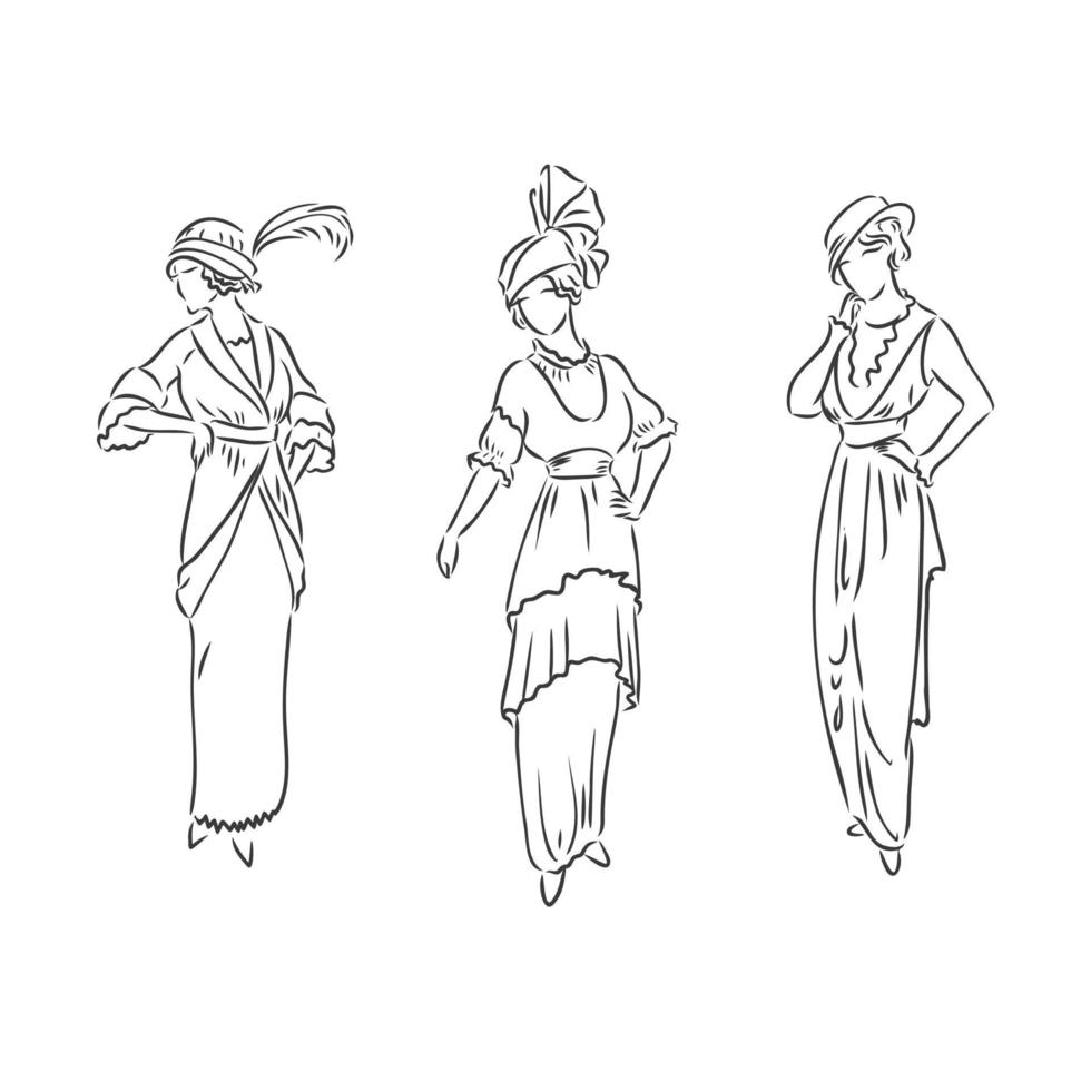 antiek geklede dame. oude mode vectorillustratie. Victoriaanse vrouw in historische kleding. vintage gestileerde tekening, retro houtsnede stijl. retro jurk, vector schets op witte achtergrond