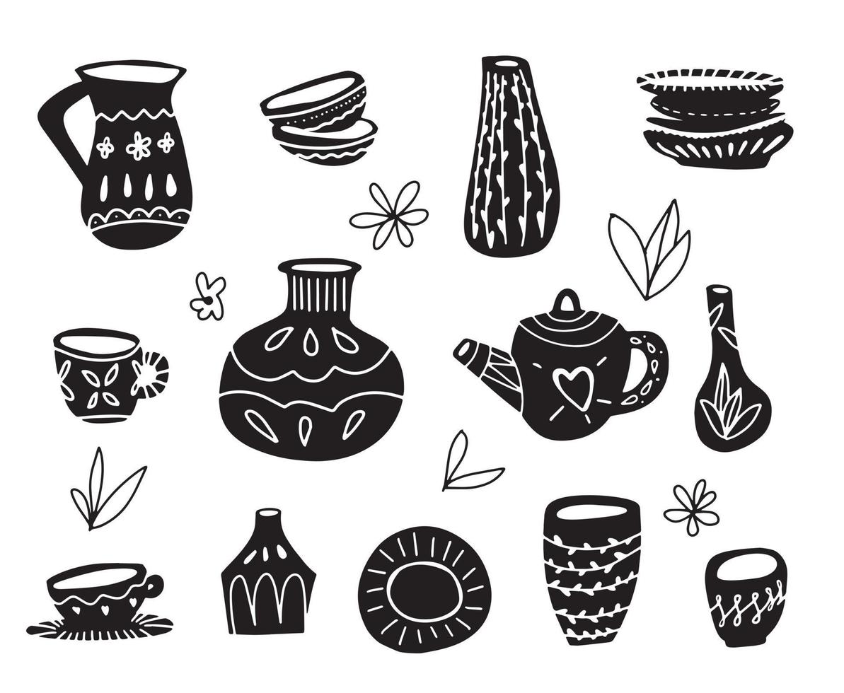 aardewerk aardewerk, vazen, kleikommen en potten die op wit worden geïsoleerd. keramische kannen en vazen. decoratieve elementencollectie voor keuken voor uw interieur. zwart-wit vector set.
