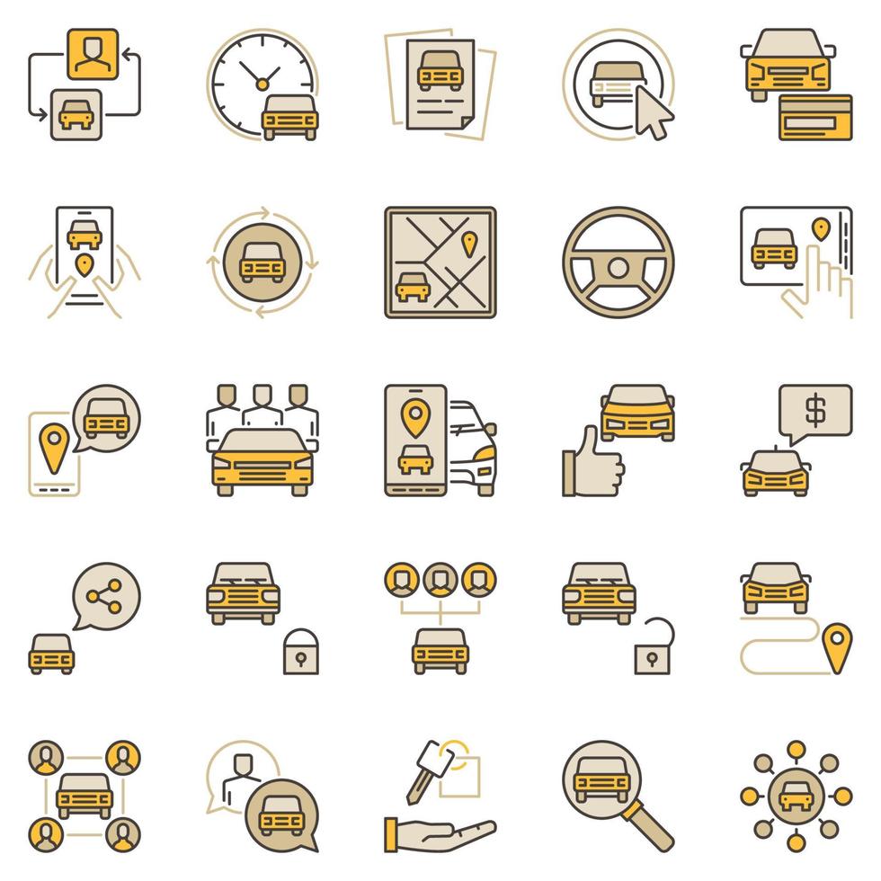 auto delen gekleurde pictogrammen reeks - auto verhuur en sharing vector symbolen