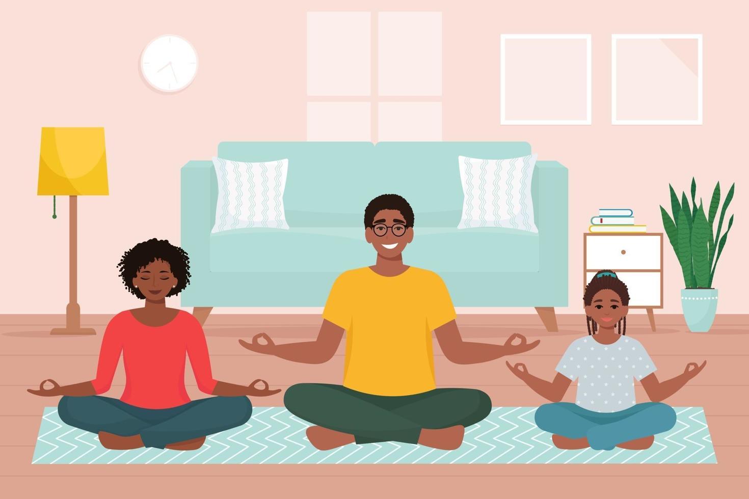 Afro-Amerikaanse familie die thuis yoga samen doet. schattige vectorillustratie in vlakke stijl vector