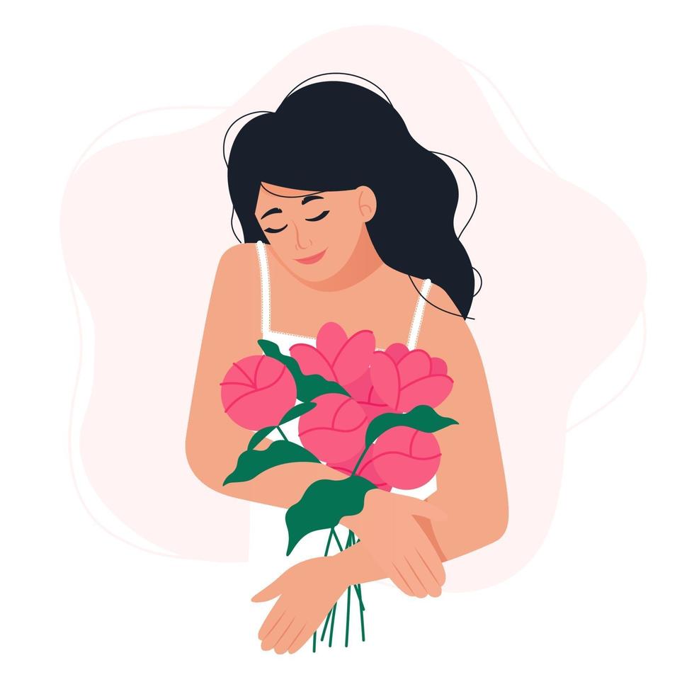 mooie jonge vrouw met een boeket bloemen in handen. lentevakantie, internationale vrouwendag concept. vectorillustratie in vlakke stijl vector