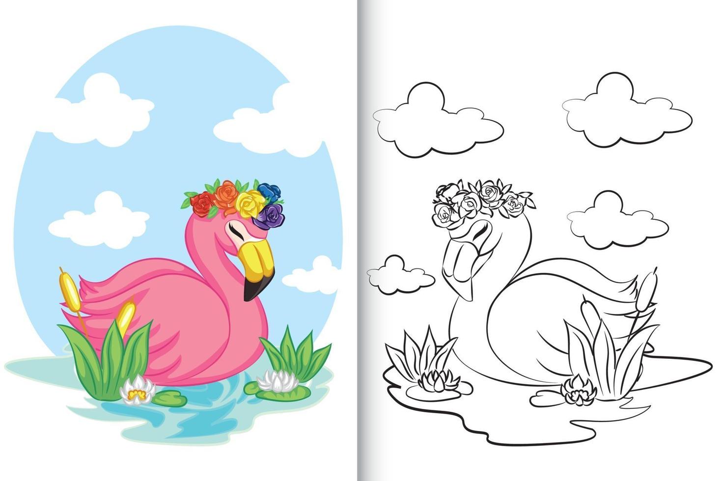 flamingo zwemmen op het meer voor kleurboek, kleurplaat. vector