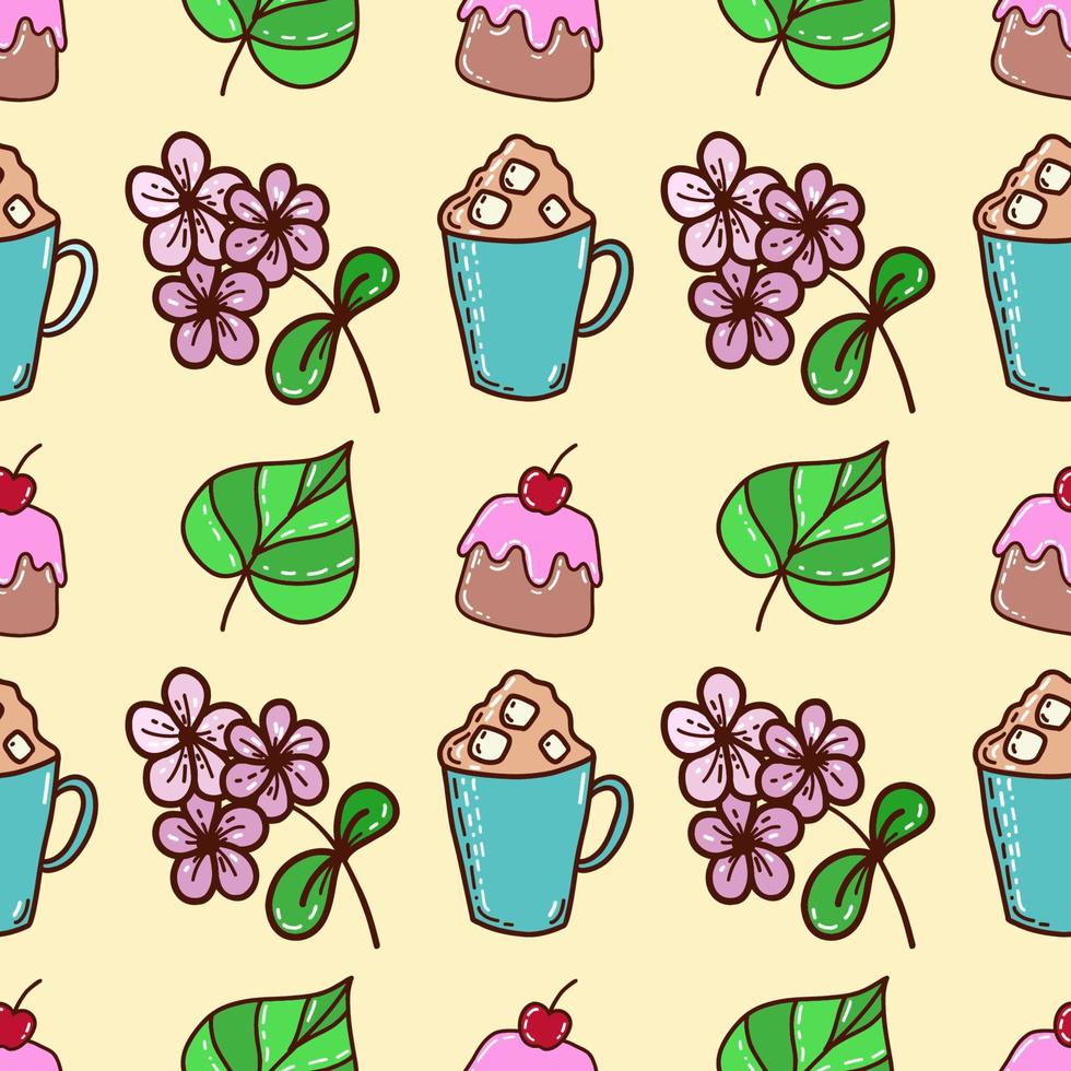naadloos vector patroon Aan een wit achtergrond. een mok van koffie, bladeren, taarten, roze bloemen. structuur voor kleding stof, omhulsel papier, decor voor uw ontwerp tekening.