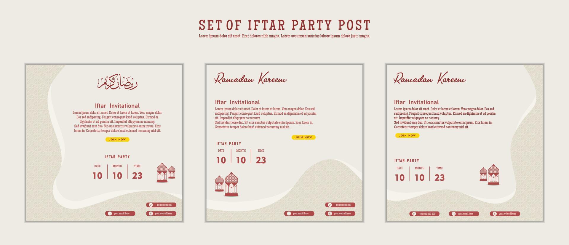 reeks van iftar partij uitnodiging, iftar gemeen is ontbijten. sociaal media sjabloon met Islamitisch achtergrond ontwerp vector