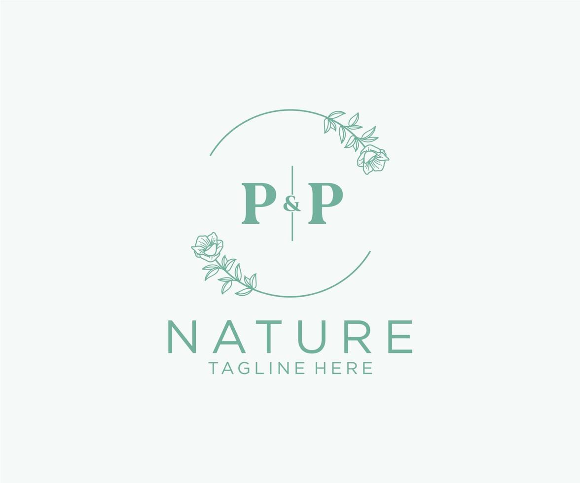 eerste pp brieven botanisch vrouwelijk logo sjabloon bloemen, bewerkbare premade monoline logo geschikt, luxe vrouwelijk bruiloft branding, zakelijk. vector