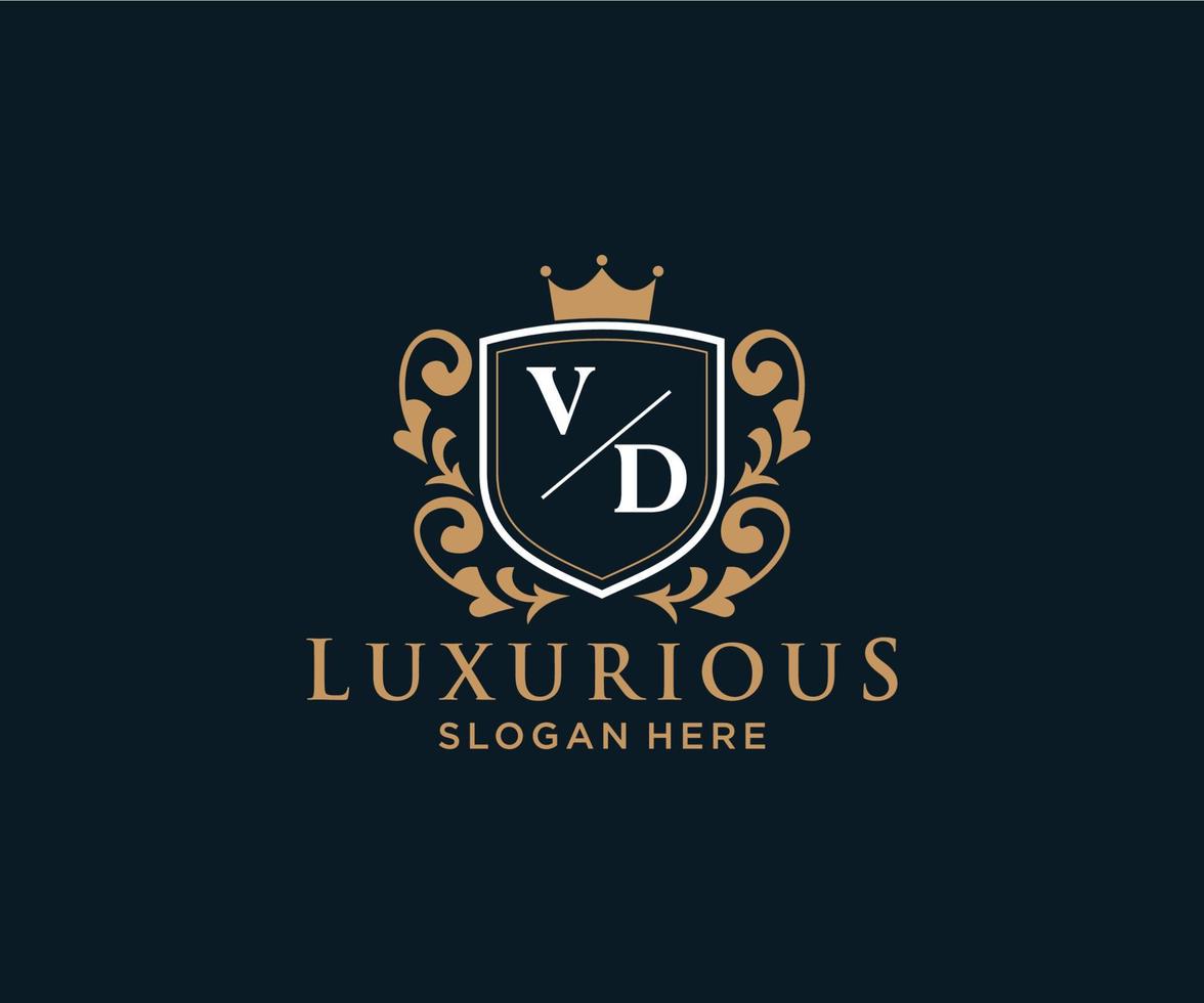 eerste vd brief Koninklijk luxe logo sjabloon in vector kunst voor restaurant, royalty, boetiek, cafe, hotel, heraldisch, sieraden, mode en andere vector illustratie.