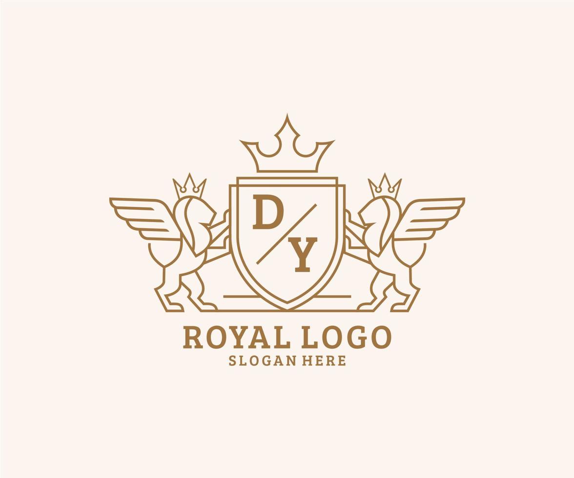 eerste verdorie brief leeuw Koninklijk luxe heraldisch, wapen logo sjabloon in vector kunst voor restaurant, royalty, boetiek, cafe, hotel, heraldisch, sieraden, mode en andere vector illustratie.