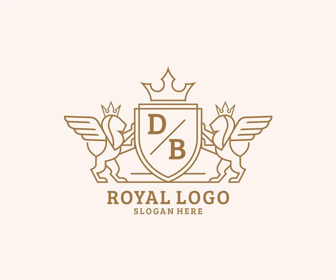 eerste db brief leeuw Koninklijk luxe heraldisch, wapen logo sjabloon in vector kunst voor restaurant, royalty, boetiek, cafe, hotel, heraldisch, sieraden, mode en andere vector illustratie.