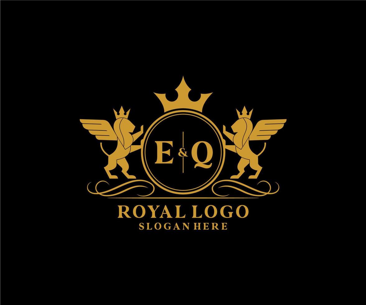 eerste eq brief leeuw Koninklijk luxe heraldisch, wapen logo sjabloon in vector kunst voor restaurant, royalty, boetiek, cafe, hotel, heraldisch, sieraden, mode en andere vector illustratie.