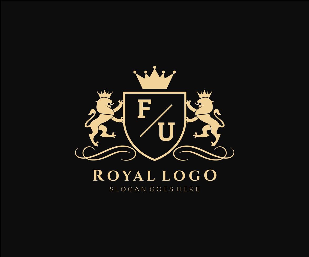 eerste fu brief leeuw Koninklijk luxe heraldisch, wapen logo sjabloon in vector kunst voor restaurant, royalty, boetiek, cafe, hotel, heraldisch, sieraden, mode en andere vector illustratie.