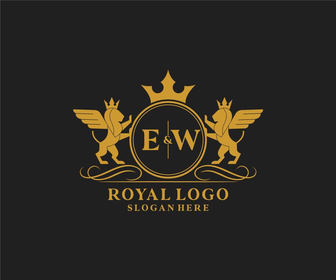 eerste ew brief leeuw Koninklijk luxe heraldisch, wapen logo sjabloon in vector kunst voor restaurant, royalty, boetiek, cafe, hotel, heraldisch, sieraden, mode en andere vector illustratie.