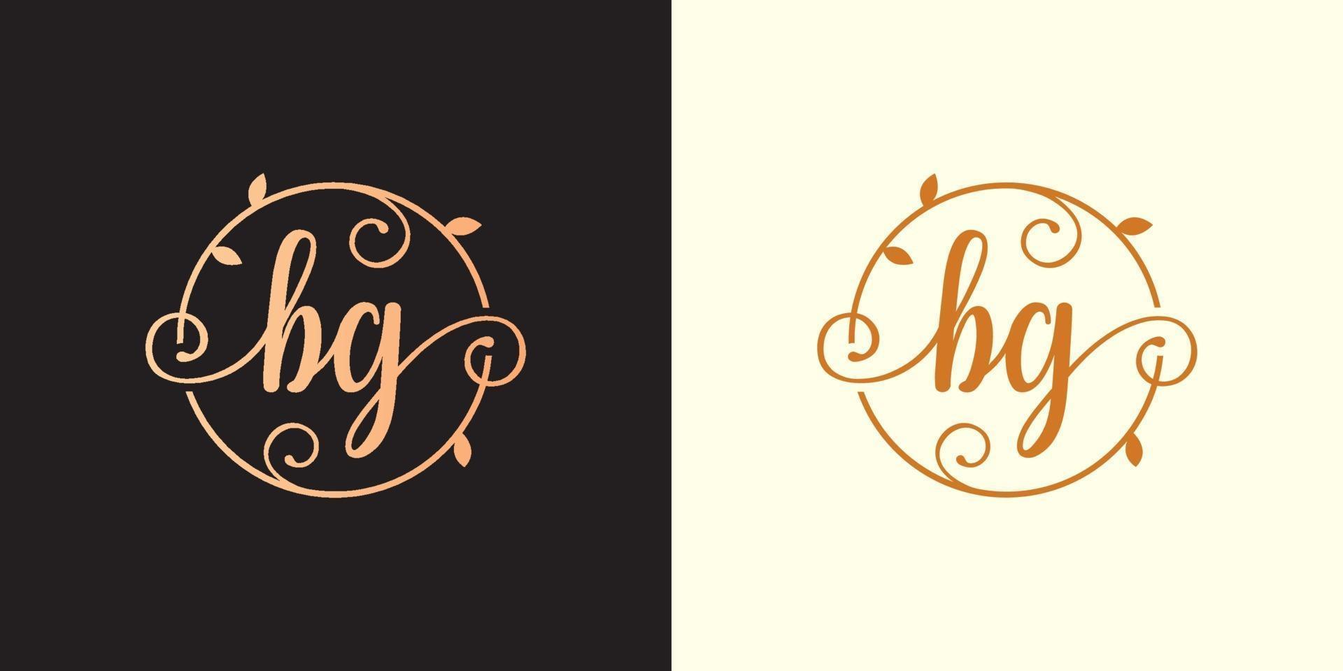 decoratief, luxe letter bg initieel, stijlvol monogramlogo in een cirkelvormige stengel, stengel, nest, wortel met bladerenelementen. letter bg bloemboeket bruiloft logo vector