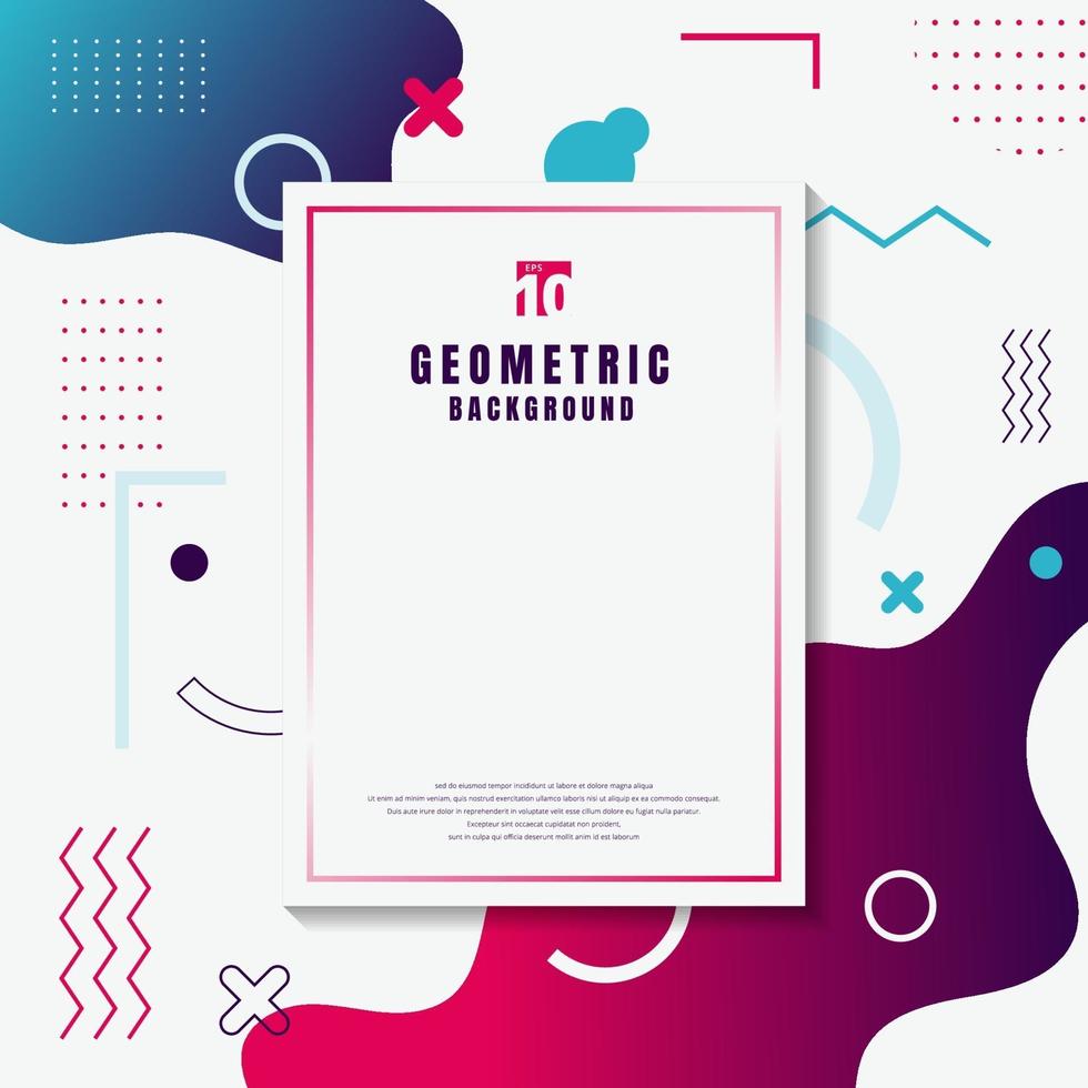 creatieve sjabloon rechthoek frame grens blauwe en roze geometrische cirkel, vloeiende vorm, golvende lijn op witte achtergrond memphis stijl. vector