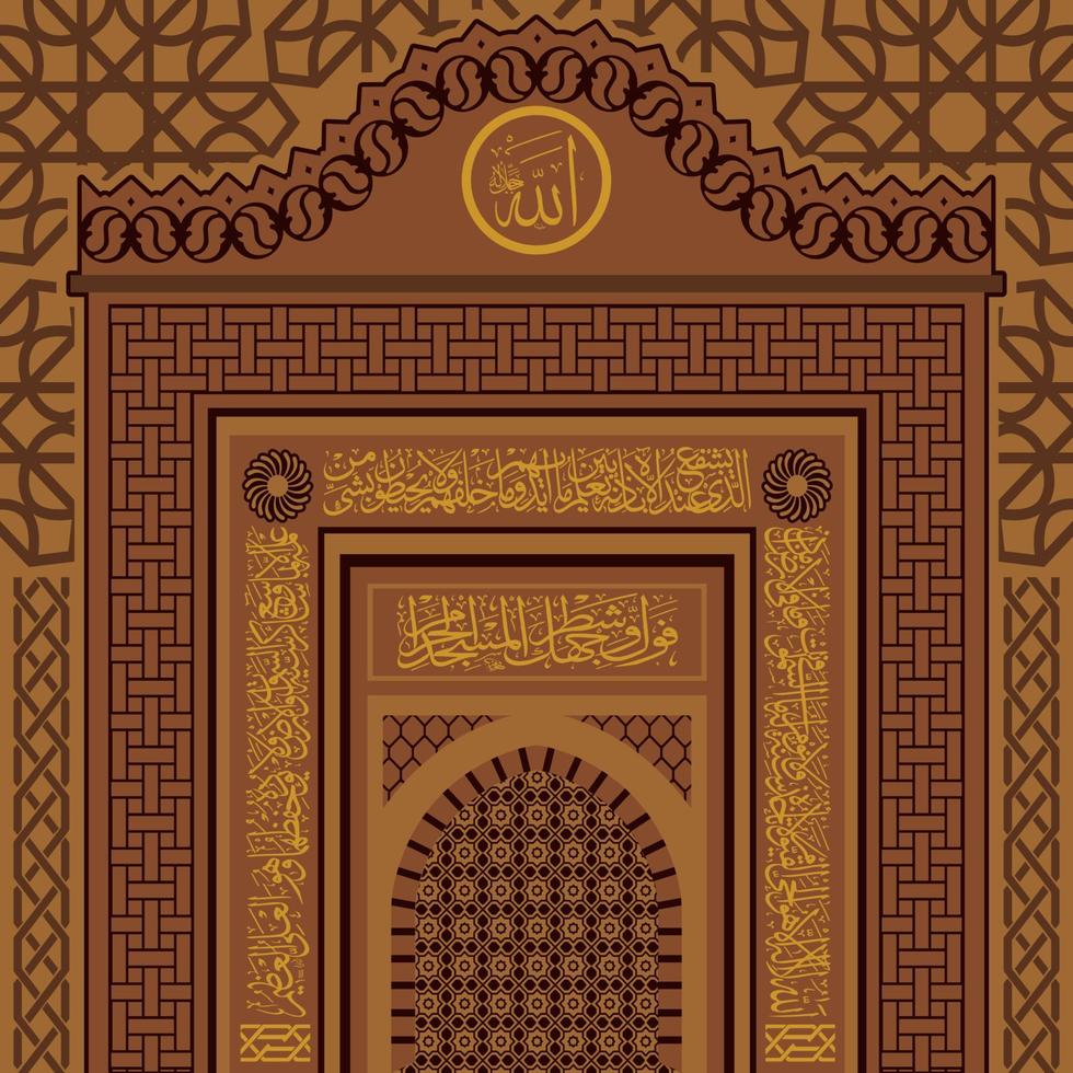 mihrab moskee, Ramadan achtergrond met gouden boog, verstand geopend deuren, met gouden Arabisch patroon, achtergrond voor heilig maand van moslim gemeenschap Ramadan kareem. vector