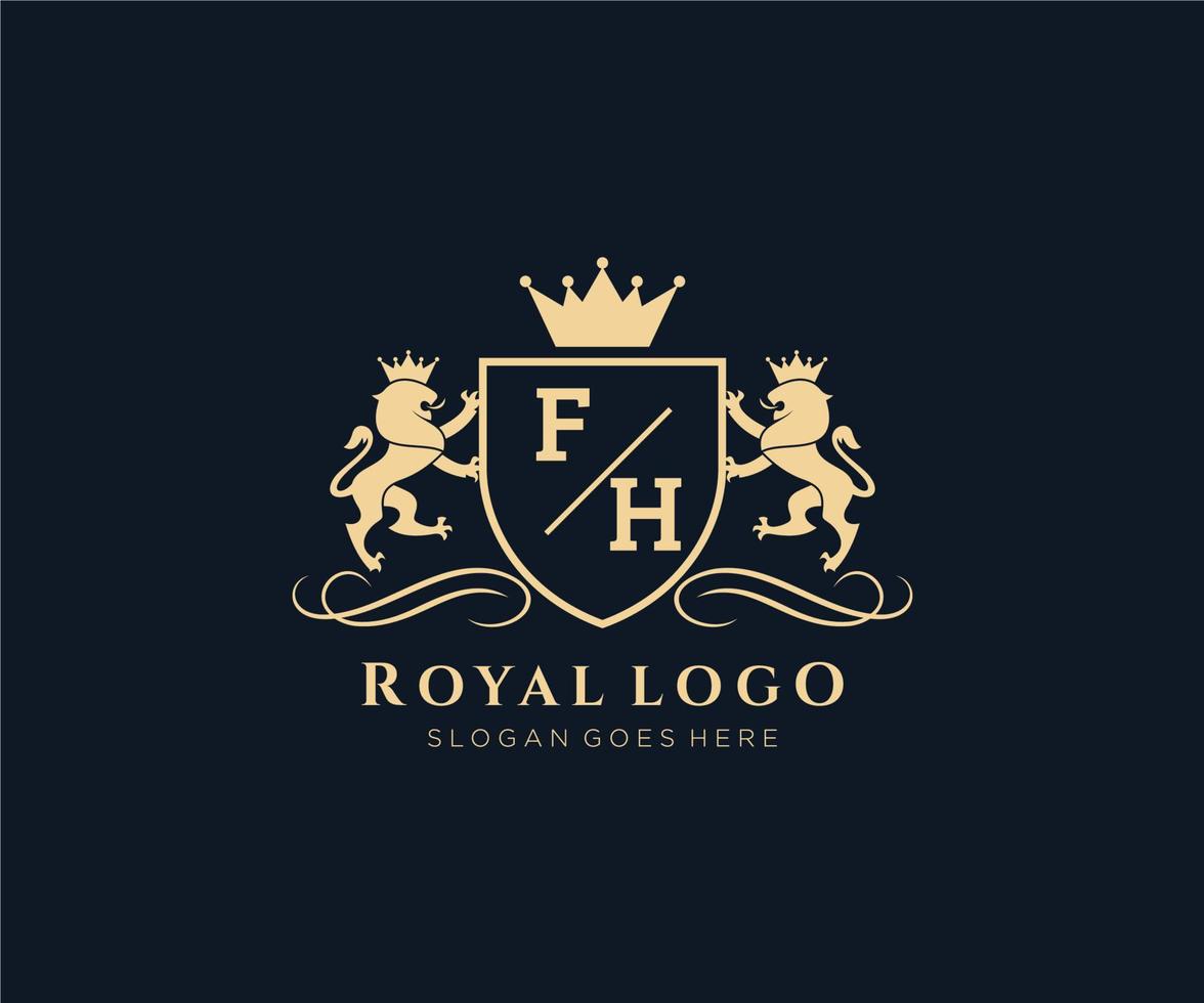 eerste fh brief leeuw Koninklijk luxe heraldisch, wapen logo sjabloon in vector kunst voor restaurant, royalty, boetiek, cafe, hotel, heraldisch, sieraden, mode en andere vector illustratie.