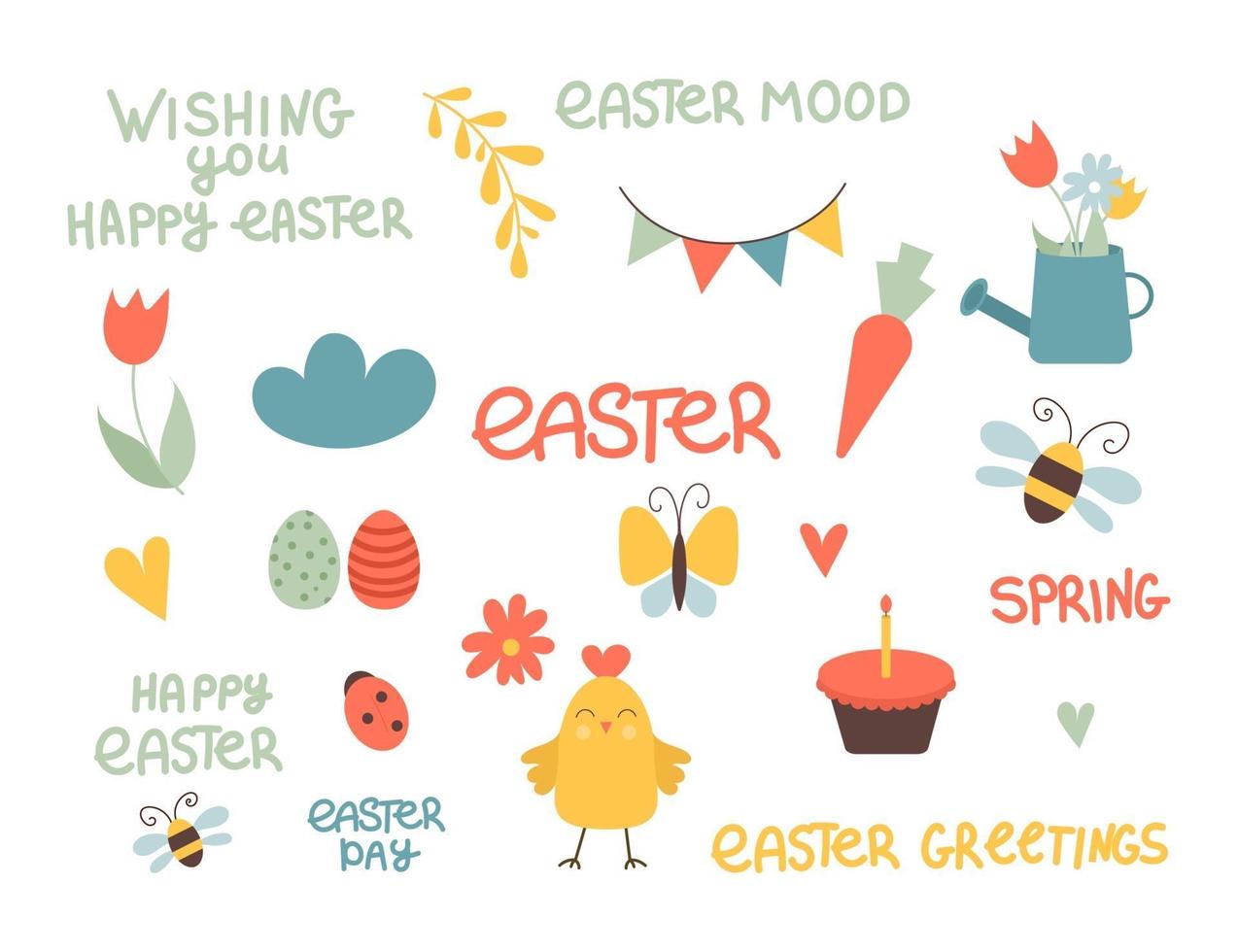 set van schattige Pasen stripfiguren en ontwerpelementen. pasen-letters, kip, eieren en bloemen. vector illustratie.