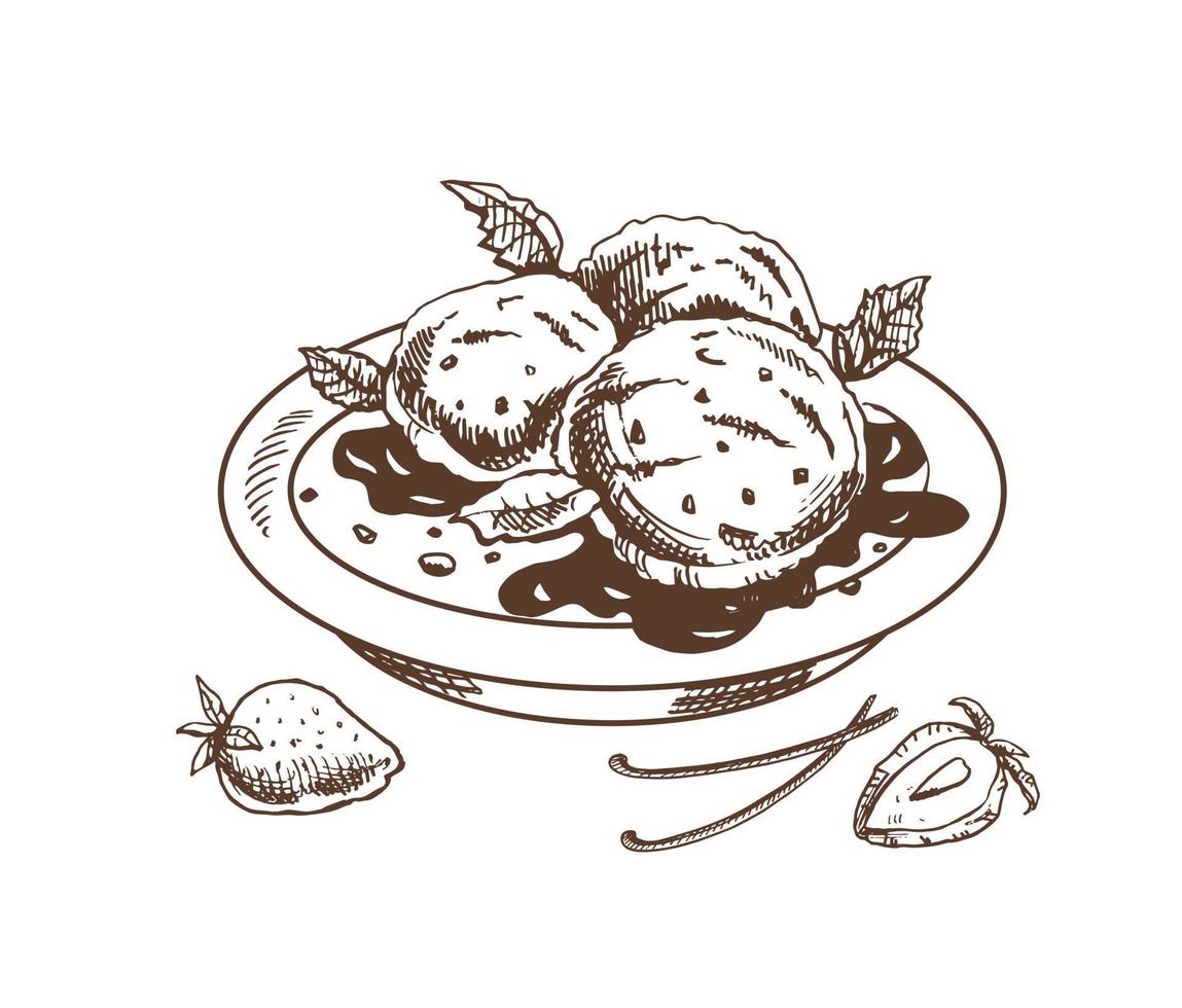 een hand getekend schetsen van een ijs room ballen in een bord met chocola saus, vanille peulen, aardbeien. wijnoogst illustratie. element voor de ontwerp van etiketten, verpakking en ansichtkaarten. vector