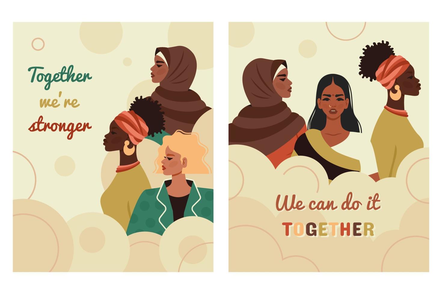 reeks van feministisch beweging kaart. Internationale dag van feminisme. vrouwen van verschillend nationaliteiten samen. Dames machtiging, diversiteit, geslacht gelijkheid concept. vector illustratie voor vrouwen dag