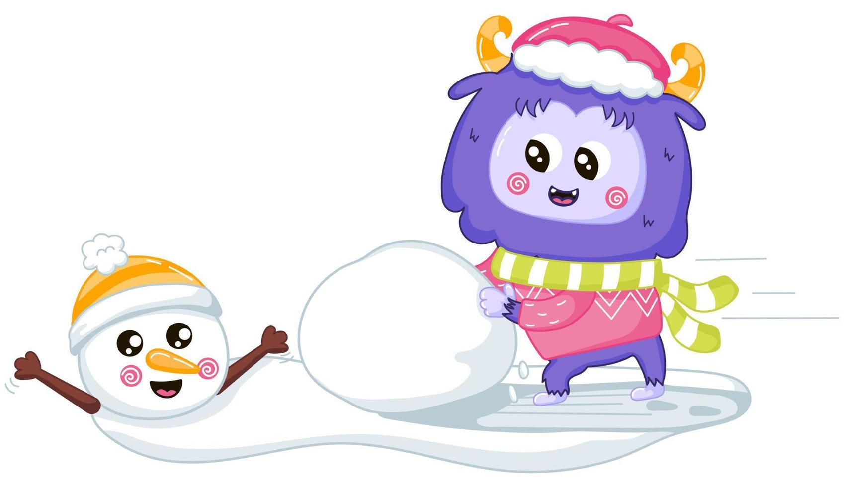 grappig yeti mascotte karakter spelen en maken sneeuwman vriend vector