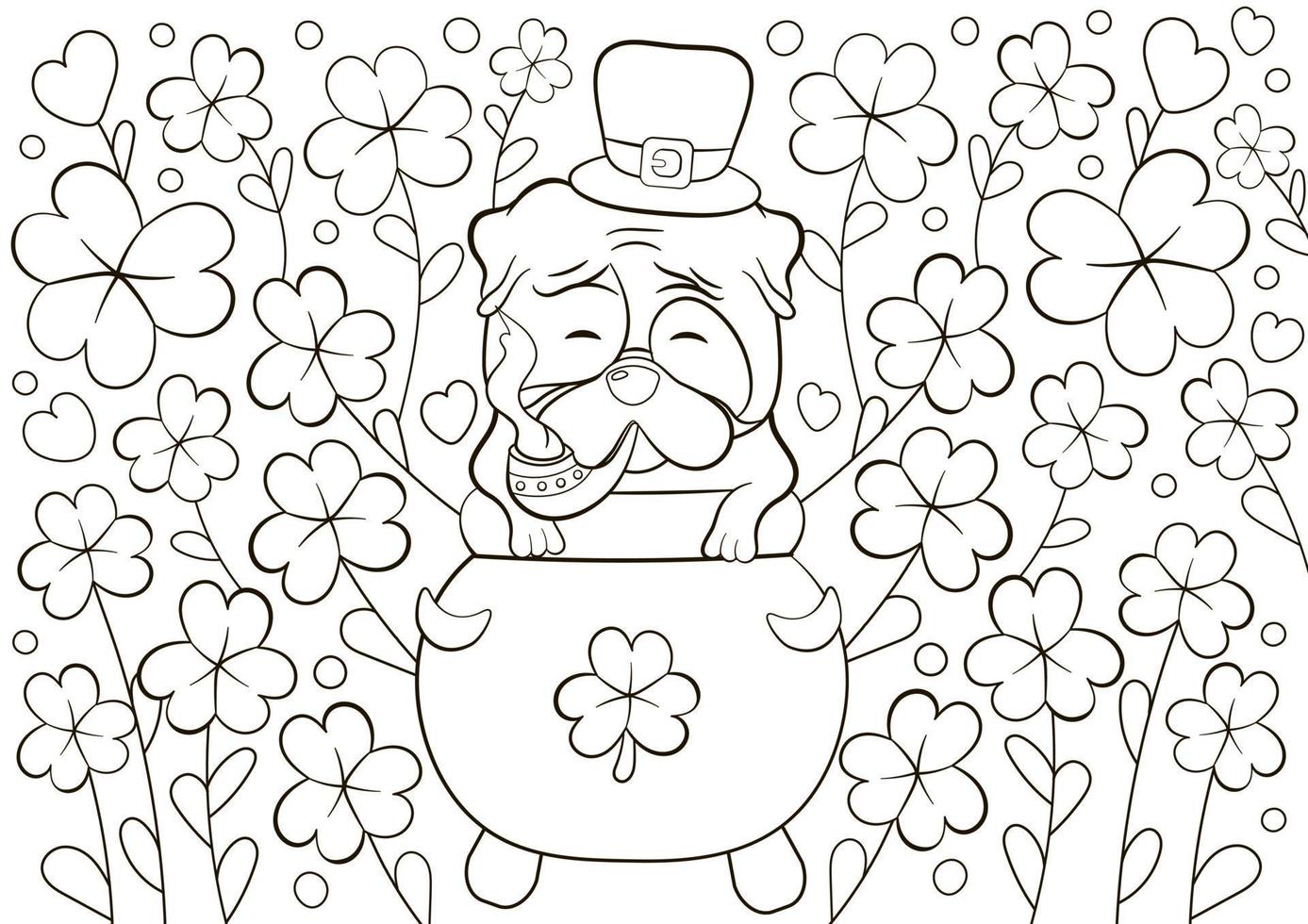 schattig kleur bladzijde voor st Patrick dag met mopshond karakter in Lucky hoed roken buis in ketel en Klaver in de omgeving van vector